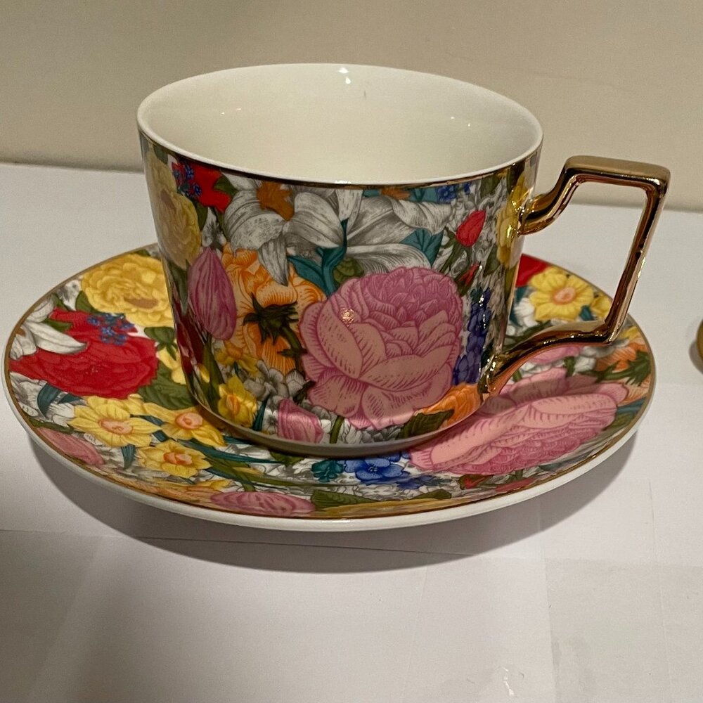 Floral Teacup with Saucer and Spoon NWOT 8.4 oz
